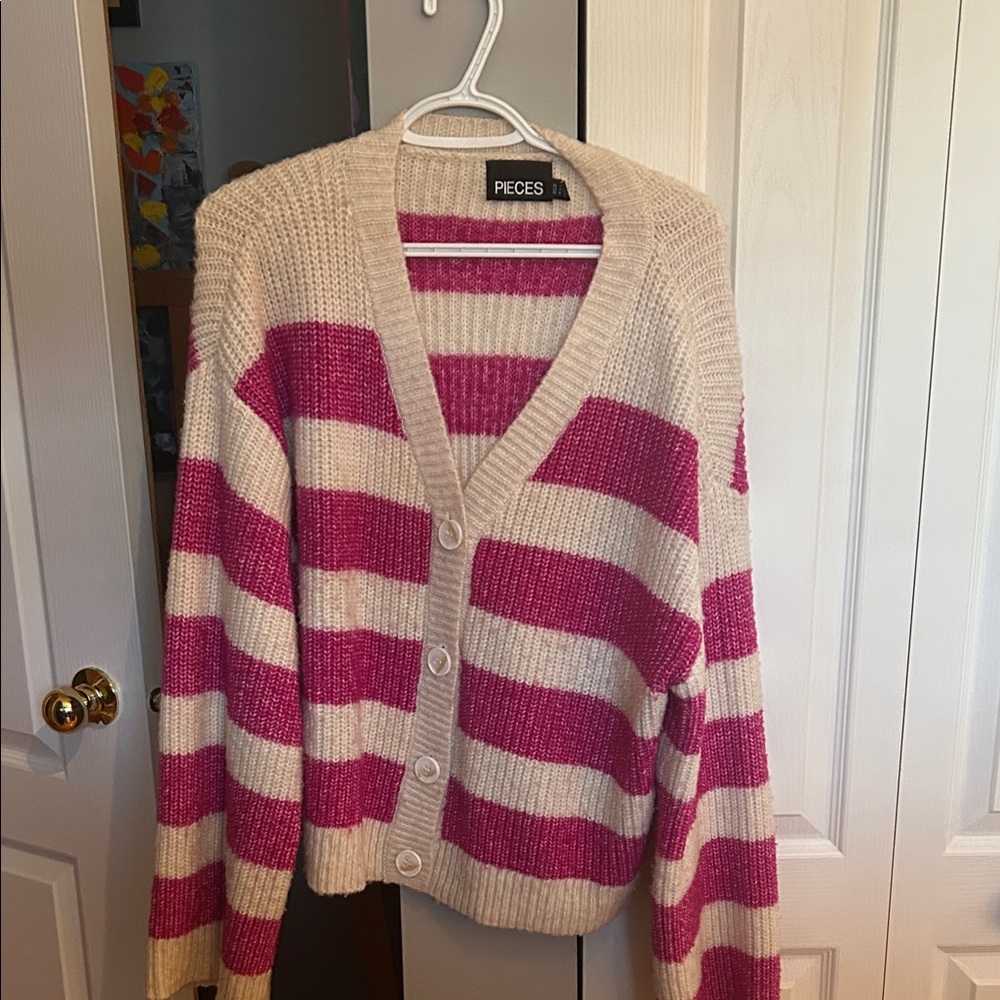 PIECES Pink and Cream Striped Button-Front Cardigan